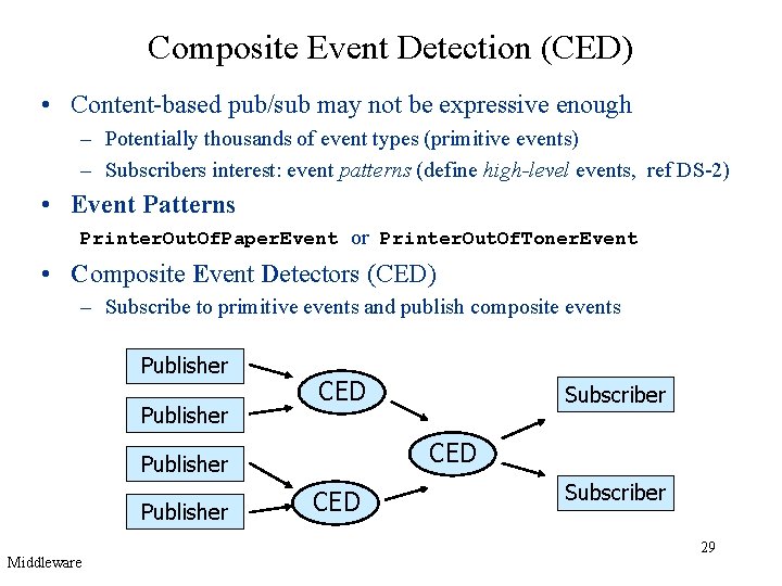 Composite Event Detection (CED) • Content-based pub/sub may not be expressive enough – Potentially