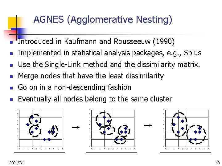 AGNES (Agglomerative Nesting) n Introduced in Kaufmann and Rousseeuw (1990) n Implemented in statistical