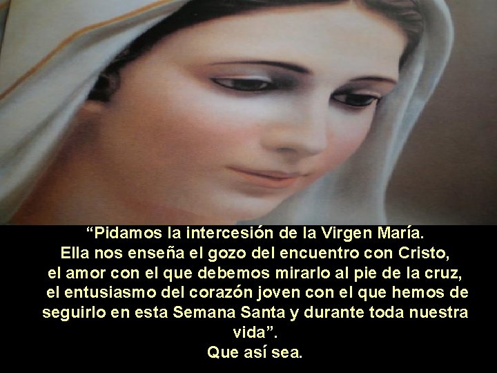 " “Pidamos la intercesión de la Virgen María. Ella nos enseña el gozo del