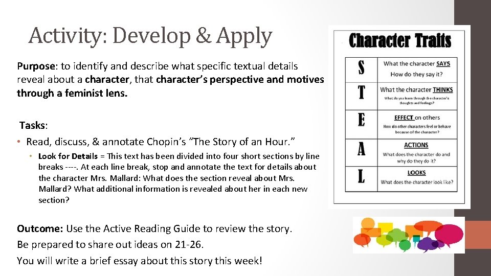 Activity: Develop & Apply Purpose: to identify and describe what specific textual details reveal