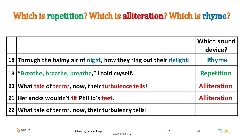 Which is repetition? Which is alliteration? Which is rhyme? 18 Through the balmy air Which is repetition? Which is alliteration? Which is rhyme? 18 Through the balmy air