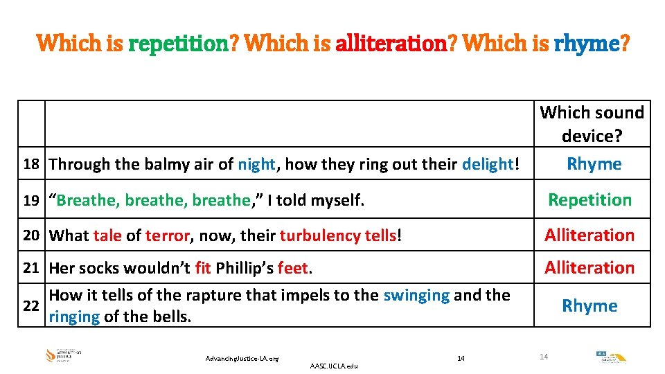 Which is repetition? Which is alliteration? Which is rhyme? 18 Through the balmy air Which is repetition? Which is alliteration? Which is rhyme? 18 Through the balmy air