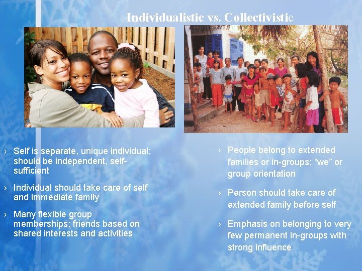 Individualistic vs. Collectivistic › Self is separate, unique individual; should be independent, selfsufficient › Individualistic vs. Collectivistic › Self is separate, unique individual; should be independent, selfsufficient ›