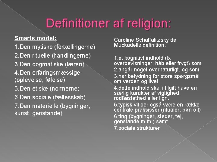 Definitioner af religion: Smarts model: 1. Den mytiske (fortællingerne) 2. Den rituelle (handlingerne) 3.