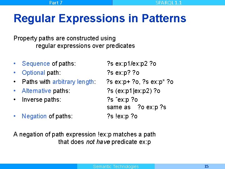 Part 7 SPARQL 1. 1 Regular Expressions in Patterns Property paths are constructed using
