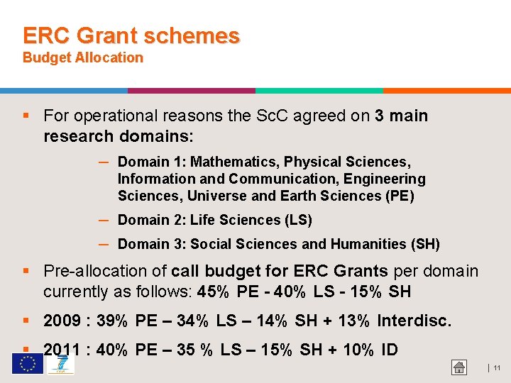 ERC Grant schemes Budget Allocation For operational reasons the Sc. C agreed on 3