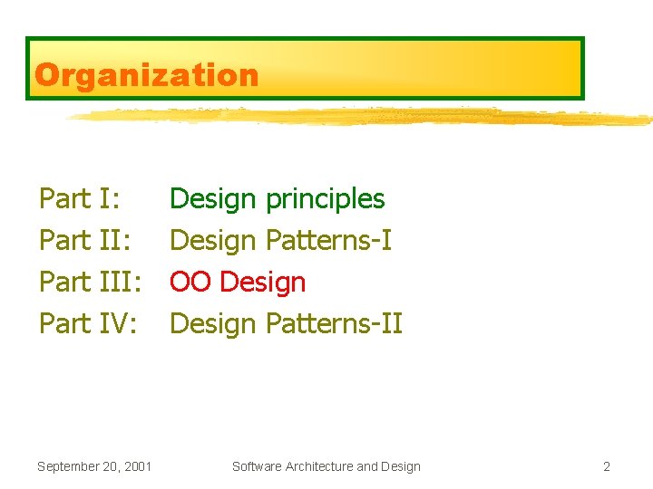 Organization Part I: III: IV: September 20, 2001 Design principles Design Patterns-I OO Design