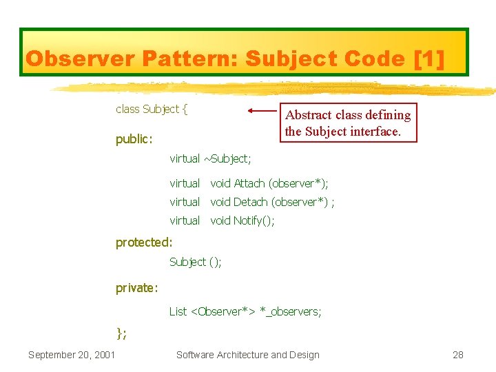 Observer Pattern: Subject Code [1] class Subject { public: Abstract class defining the Subject