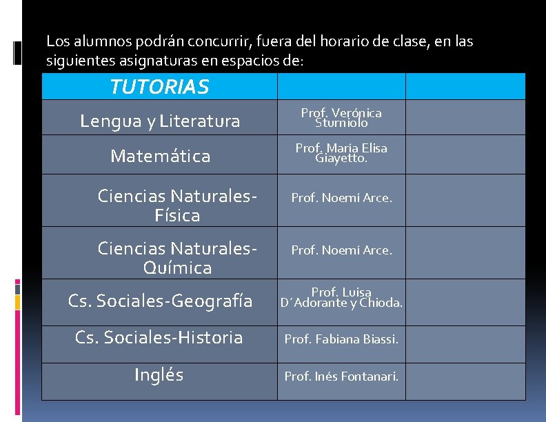 Los alumnos podrán concurrir, fuera del horario de clase, en las siguientes asignaturas en