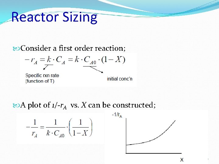 Reactor Sizing Consider a first order reaction; A plot of 1/-r. A vs. X