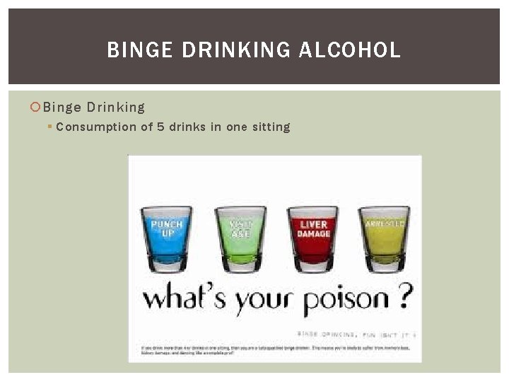 BINGE DRINKING ALCOHOL Binge Drinking § Consumption of 5 drinks in one sitting 