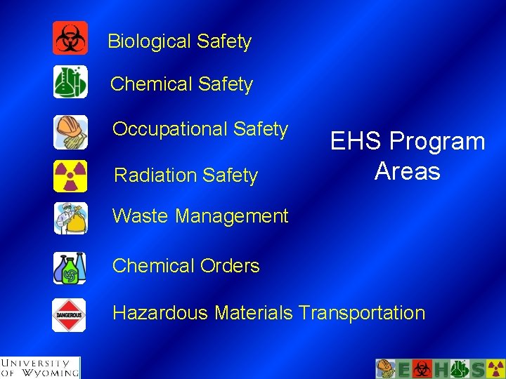 Biological Safety Chemical Safety Occupational Safety Radiation Safety EHS Program Areas Waste Management Chemical