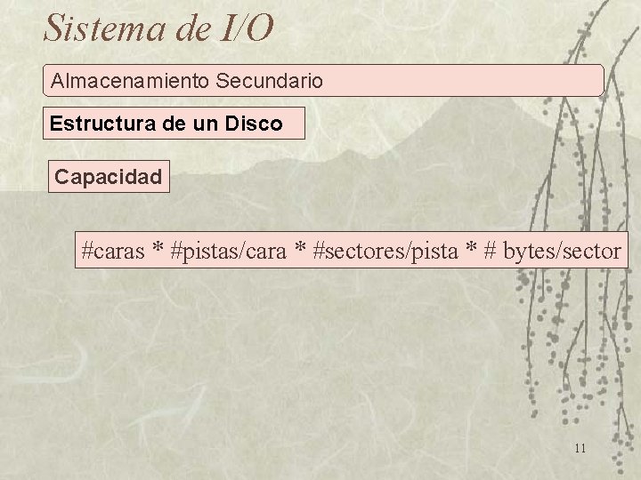 Sistema de I/O Almacenamiento Secundario Estructura de un Disco Capacidad #caras * #pistas/cara *