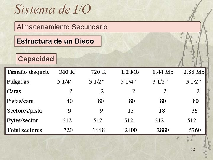 Sistema de I/O Almacenamiento Secundario Estructura de un Disco Capacidad 12 