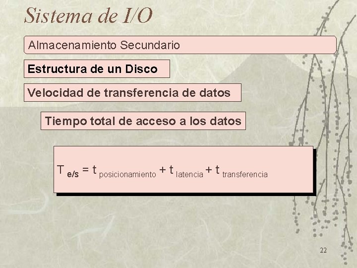 Sistema de I/O Almacenamiento Secundario Estructura de un Disco Velocidad de transferencia de datos