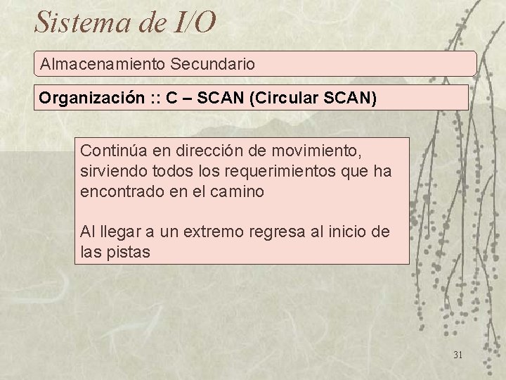 Sistema de I/O Almacenamiento Secundario Organización : : C – SCAN (Circular SCAN) Continúa