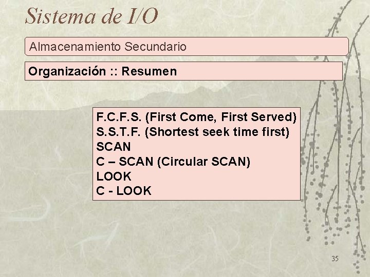 Sistema de I/O Almacenamiento Secundario Organización : : Resumen F. C. F. S. (First