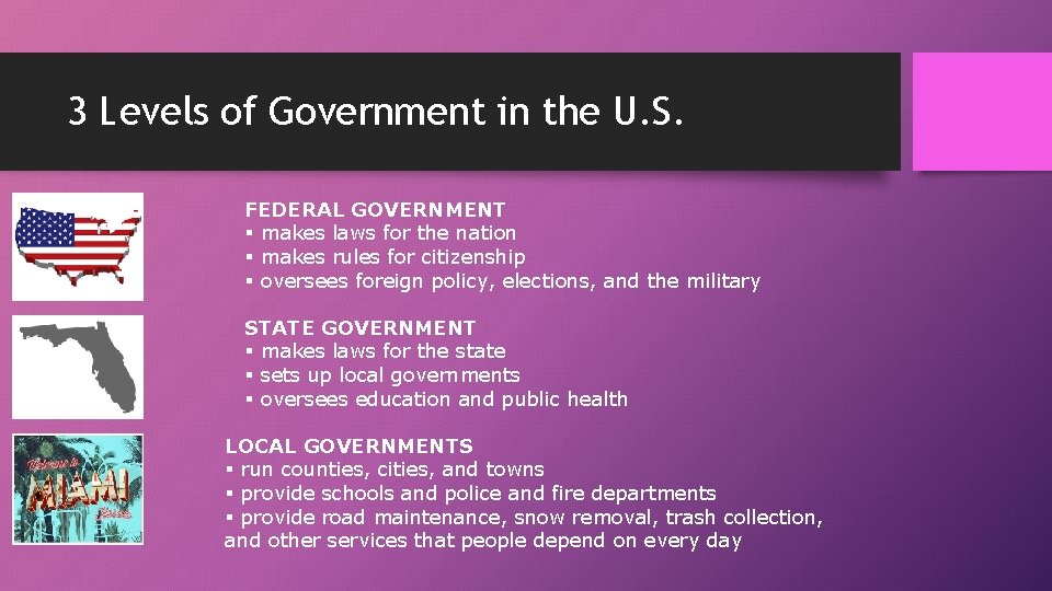 3 Levels of Government in the U. S. FEDERAL GOVERNMENT § makes laws for