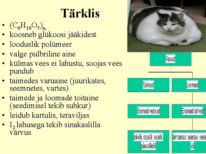 Tärklis • • • (C 6 H 10 O 5)n, koosneb glükoosi jääkidest looduslik