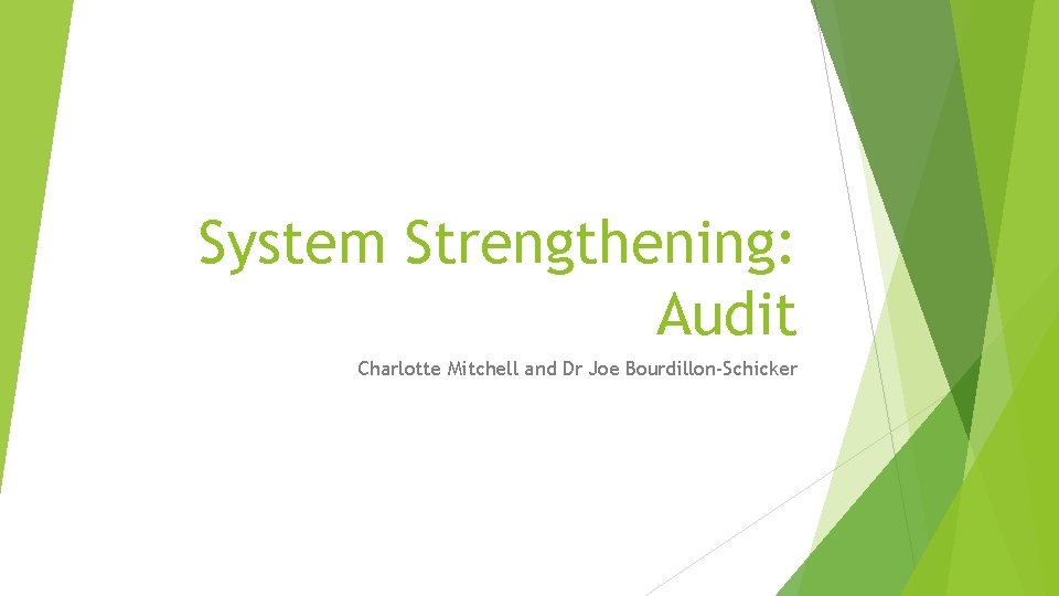 System Strengthening: Audit Charlotte Mitchell and Dr Joe Bourdillon-Schicker 
