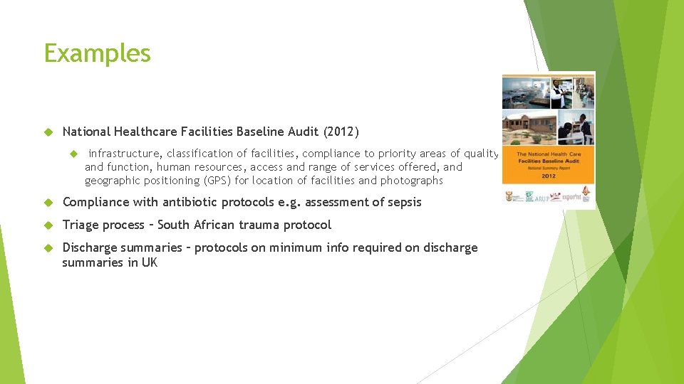 Examples National Healthcare Facilities Baseline Audit (2012) infrastructure, classification of facilities, compliance to priority