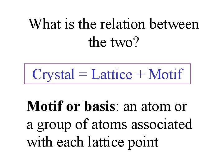 What is the relation between the two? Crystal = Lattice + Motif or basis: