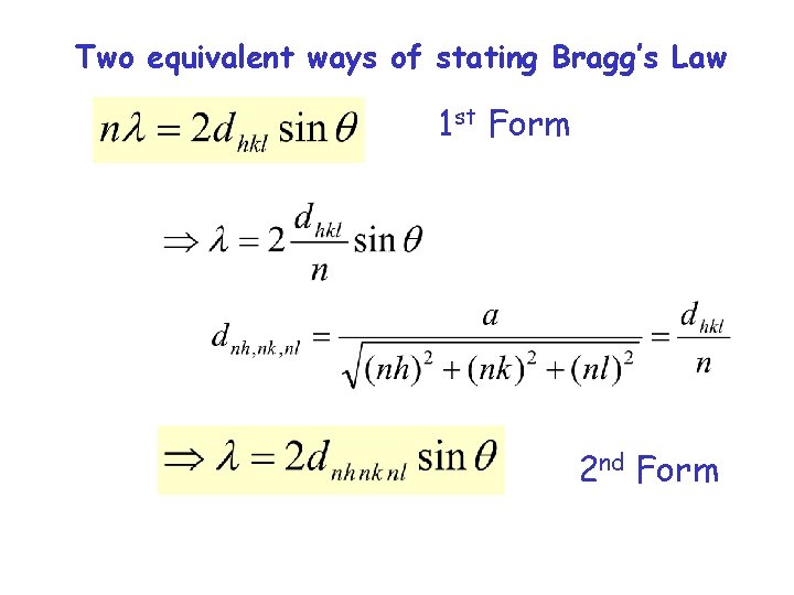 Two equivalent ways of stating Bragg’s Law 1 st Form 2 nd Form 