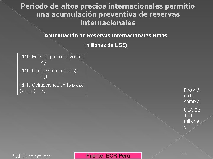 Periodo de altos precios internacionales permitió una acumulación preventiva de reservas internacionales Acumulación de