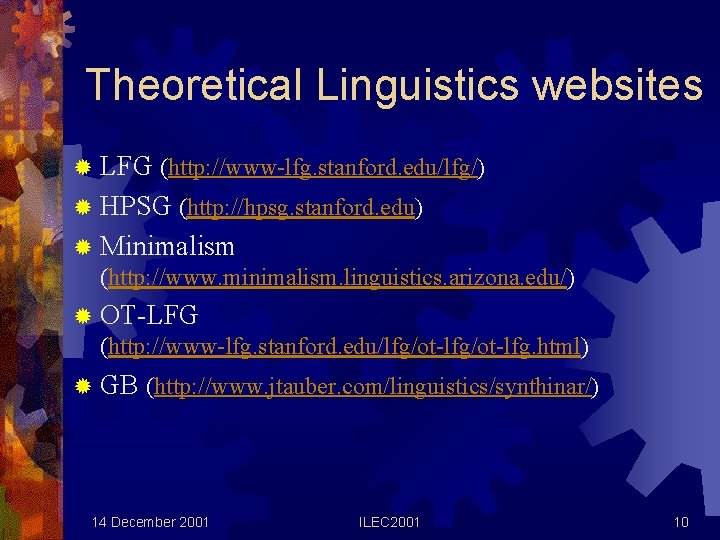 Theoretical Linguistics websites ® LFG (http: //www-lfg. stanford. edu/lfg/) ® HPSG (http: //hpsg. stanford.