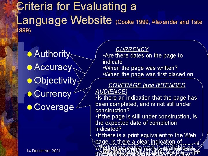 Criteria for Evaluating a Language Website (Cooke 1999, Alexander and Tate 1999) ® Authority