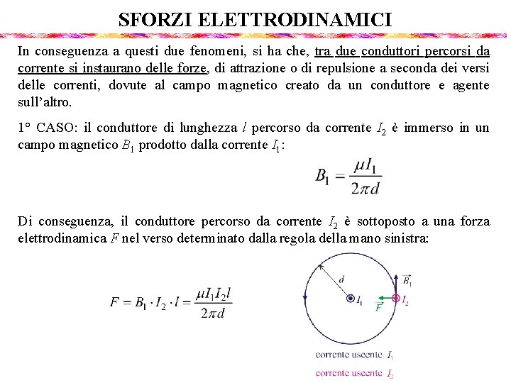 SFORZI ELETTRODINAMICI In conseguenza a questi due fenomeni, si ha che, tra due conduttori
