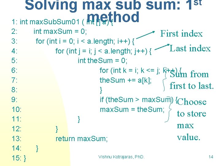 Solving max sub sum: 1 st method 1: int max. Sub. Sum 01 (