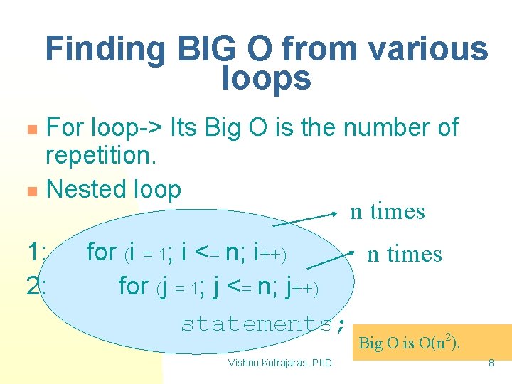 Finding BIG O from various loops For loop-> Its Big O is the number