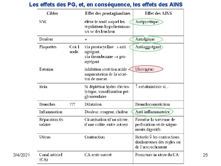 Les effets des PG, et, en conséquence, les effets des AINS 3/4/2021 25 Les effets des PG, et, en conséquence, les effets des AINS 3/4/2021 25