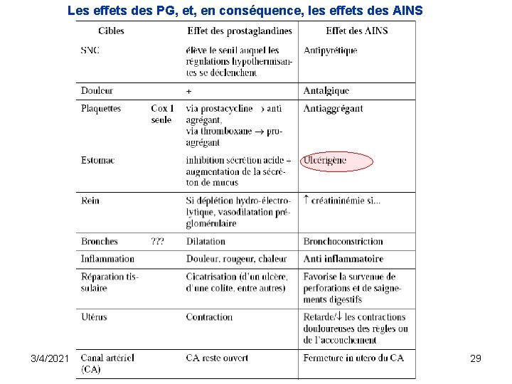 Les effets des PG, et, en conséquence, les effets des AINS 3/4/2021 29 Les effets des PG, et, en conséquence, les effets des AINS 3/4/2021 29