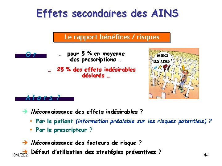 Effets secondaires des AINS Le rapport bénéfices / risques Or … pour 5 % Effets secondaires des AINS Le rapport bénéfices / risques Or … pour 5 %
