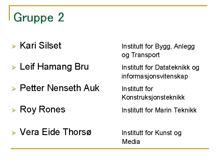 Gruppe 2 Ø Kari Silset Institutt for Bygg, Anlegg og Transport Ø Leif Hamang