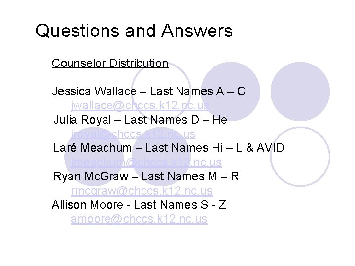 Questions and Answers Counselor Distribution Jessica Wallace – Last Names A – C jwallace@chccs.