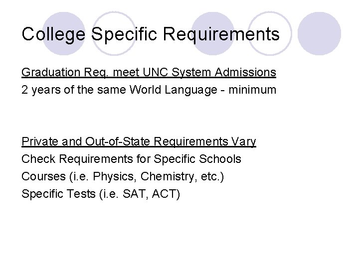 College Specific Requirements Graduation Req. meet UNC System Admissions 2 years of the same