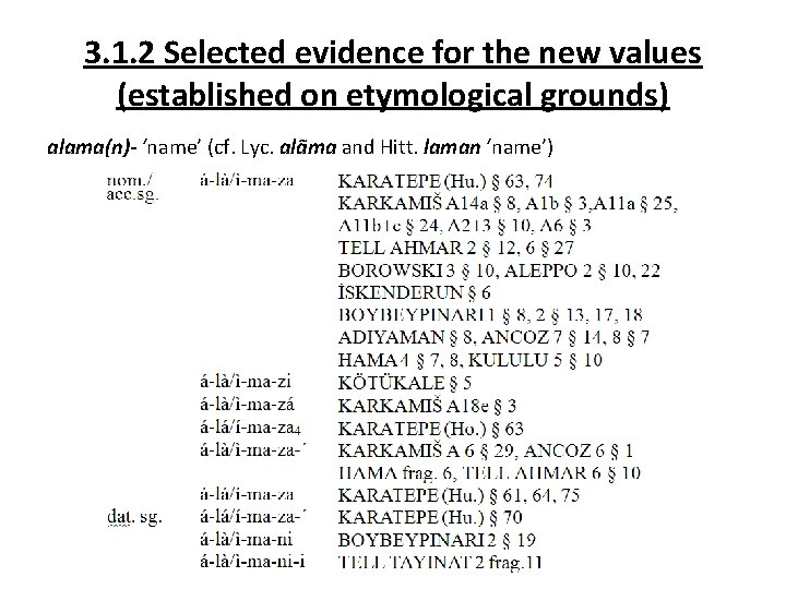 3. 1. 2 Selected evidence for the new values (established on etymological grounds) alama(n)-
