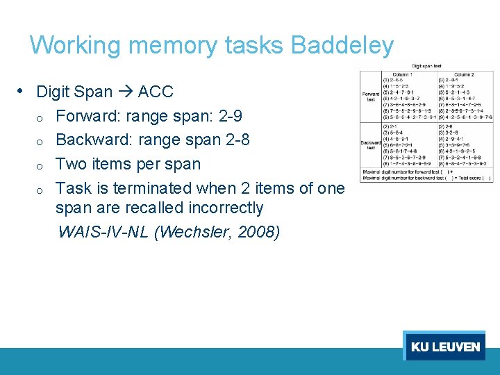 Working memory tasks Baddeley • Digit Span ACC o o Forward: range span: 2