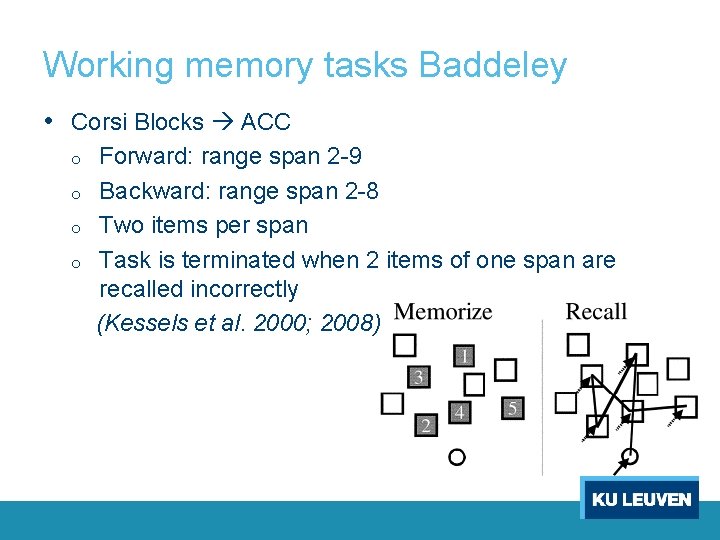 Working memory tasks Baddeley • Corsi Blocks ACC o o Forward: range span 2