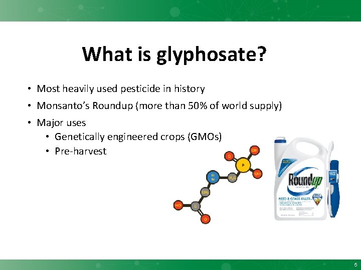 What is glyphosate? • Most heavily used pesticide in history • Monsanto’s Roundup (more