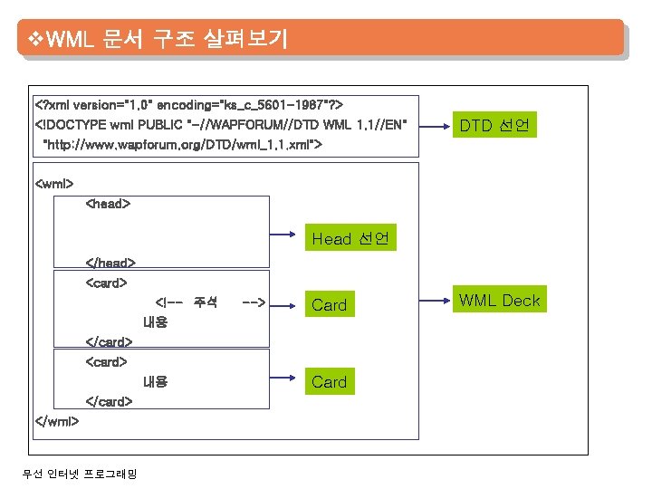 v. WML 문서 구조 살펴보기 <? xml version="1. 0" encoding="ks_c_5601 -1987"? > <!DOCTYPE wml