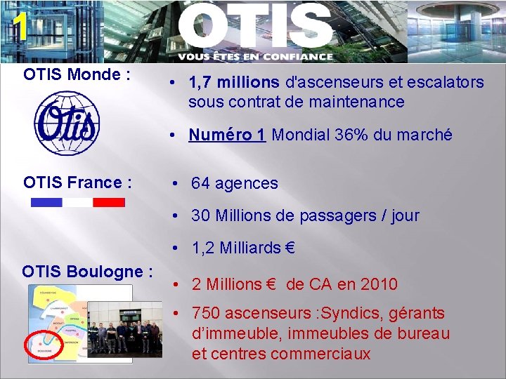 1 OTIS Monde : • 1, 7 millions d'ascenseurs et escalators sous contrat de