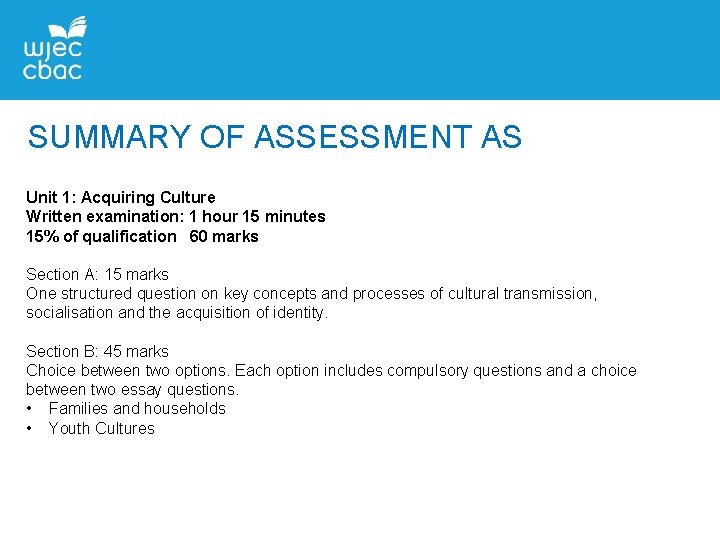 SUMMARY OF ASSESSMENT AS Unit 1: Acquiring Culture Written examination: 1 hour 15 minutes SUMMARY OF ASSESSMENT AS Unit 1: Acquiring Culture Written examination: 1 hour 15 minutes