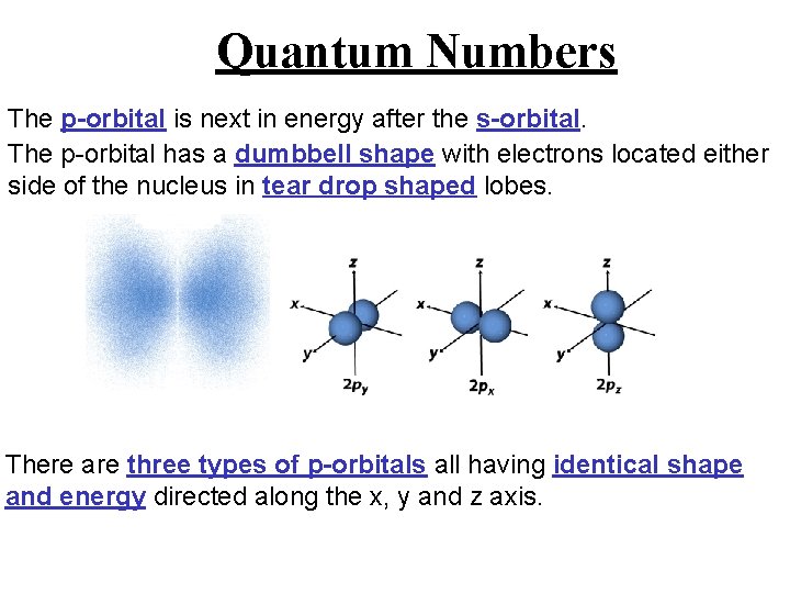 Quantum Numbers The p-orbital is next in energy after the s-orbital. The p-orbital has