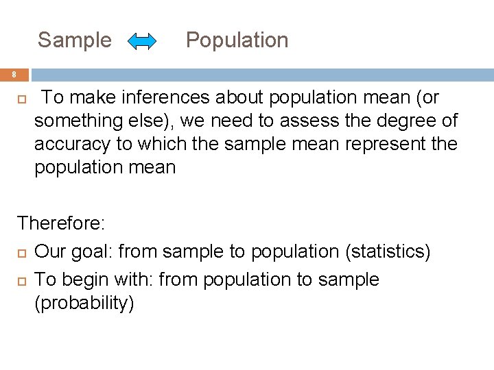 Sample Population 8 To make inferences about population mean (or something else), we need