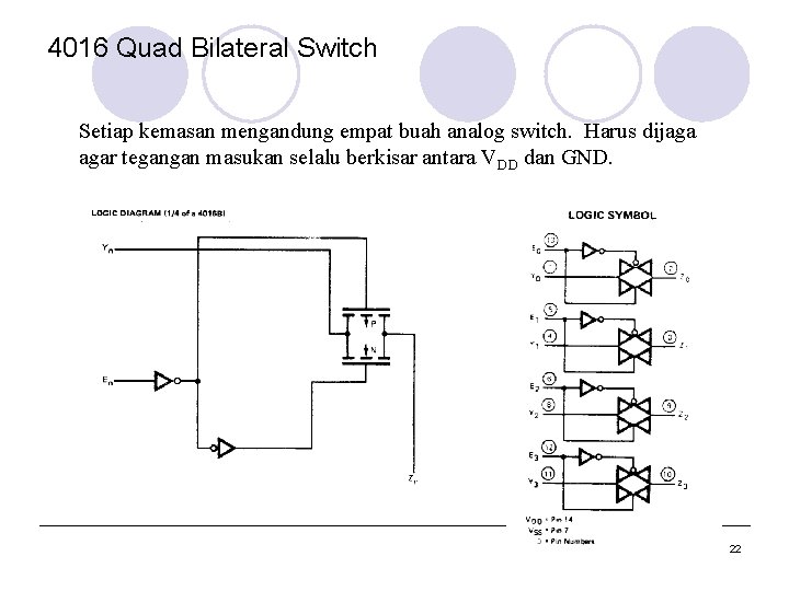 4016 Quad Bilateral Switch Setiap kemasan mengandung empat buah analog switch. Harus dijaga agar