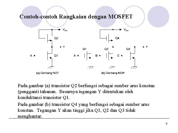 Contoh-contoh Rangkaian dengan MOSFET Pada gambar (a) transistor Q 2 berfungsi sebagai sumber arus